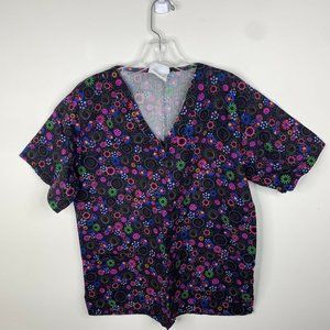 Happy Scrubs Womens M Black Multicolored Flowers Themed Short Sleeve Scrub Top